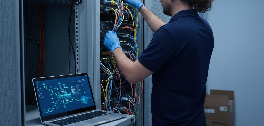 An AI generated image showing a man working with cables in a network cabinet.  He is plugging in cables.  On his left is a laptop showing a diagram.