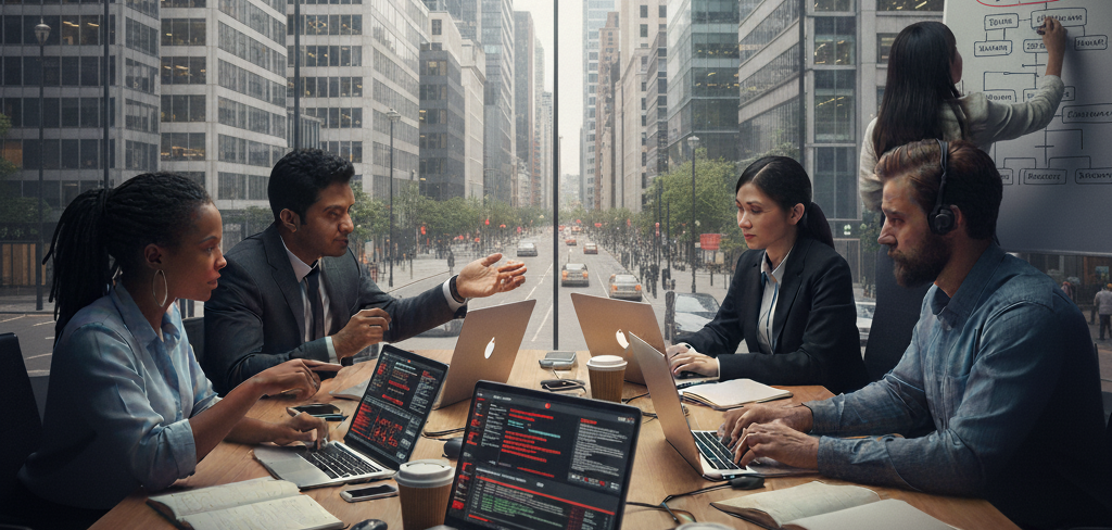 An AI generated image showing a group of people around a conference table.  On their laptops are red warnings.  The table has notepads and takeaway coffee cups on it.  A lady is standing drawing a flowchart on a flip chart.