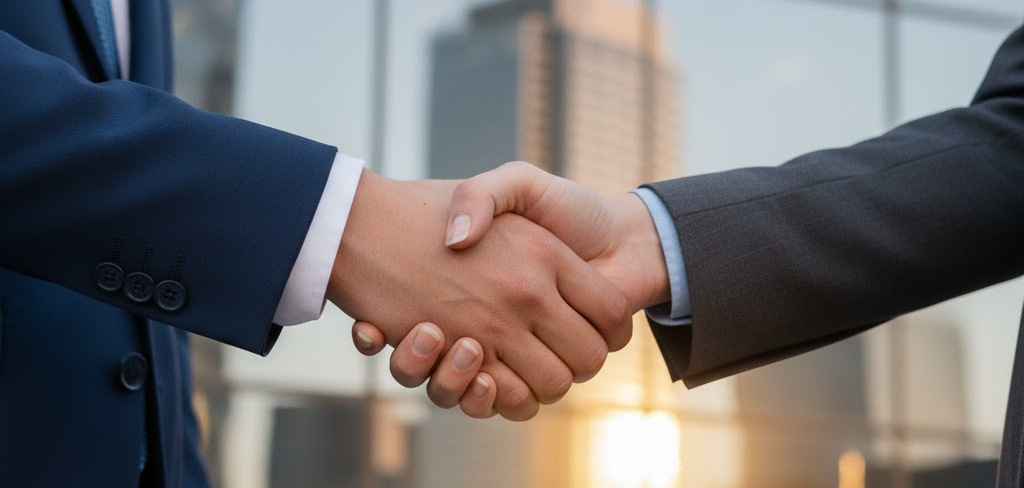 An AI generated image showing a a man and a woman shaking hands.  They are wearing formal officewear and stood outside a glass fronted office building.
