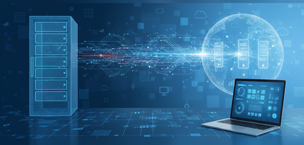 An AI generated image showing a translucent desktop computer and a laptop on a blue background.  The background has clouds and lines to represent networking.