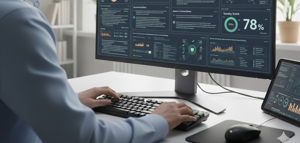 An AI generated image showing a person sitting at a desk.  There's a monitor on the desk showing a report with a security score of 78%.  Their hands are on the keyboard, and there's a smaller screen with graphs on it to their right.
