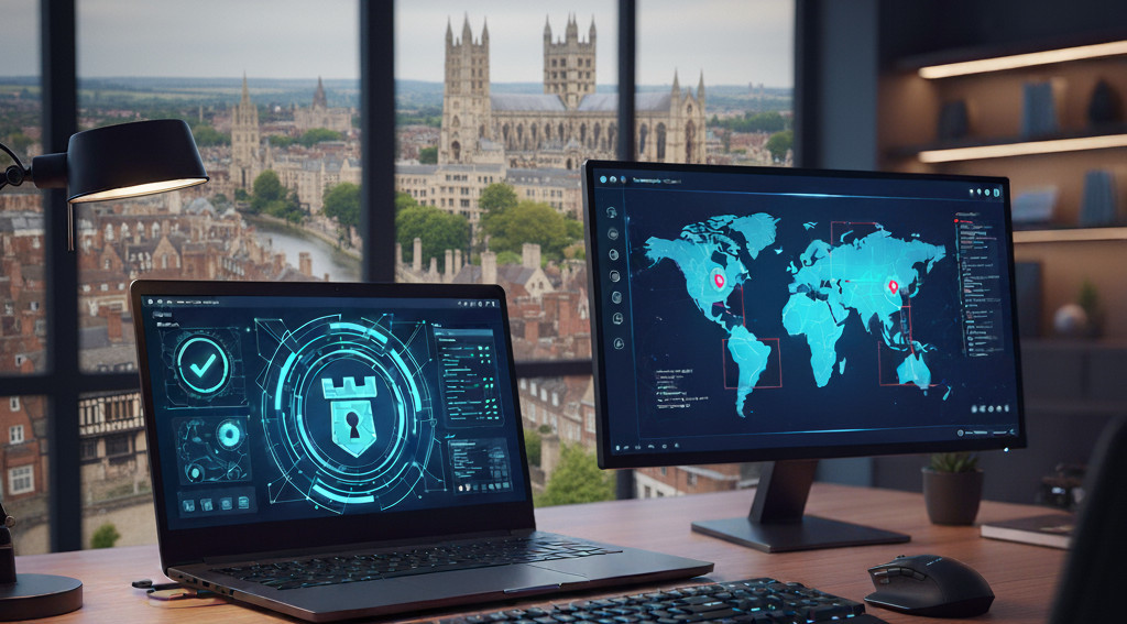 An AI generated image showing a laptop, monitor, keyboard, and mouse on a wooden desk in a spacious office.  The desk also has a lamp, plant, notepad, and pen on it.  Behing the desk are large windows that show a view of the city, with houses and a large church or cathedral in the background.  This evokes feelings of the city of Canterbury, England.