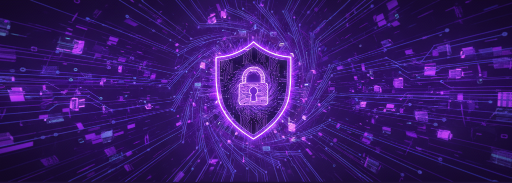 Outline of a glowing purple shield with locked padlock in the centre.Surrounding the shield are lines and shapes connected together.