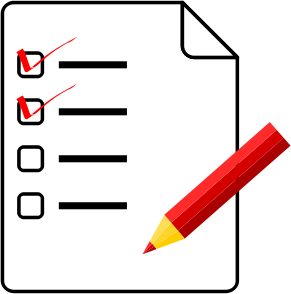 A drawing of a white sheet of paper with a checklist in black. The top two items are marked as complete with a red tick. A red pencil is on top of the list.