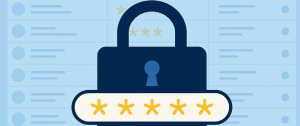 Picture of a navy blue padlock with five yellow stars over the top.  The padlock is superimposed on a faded blue table to data, suggesting multiple items.